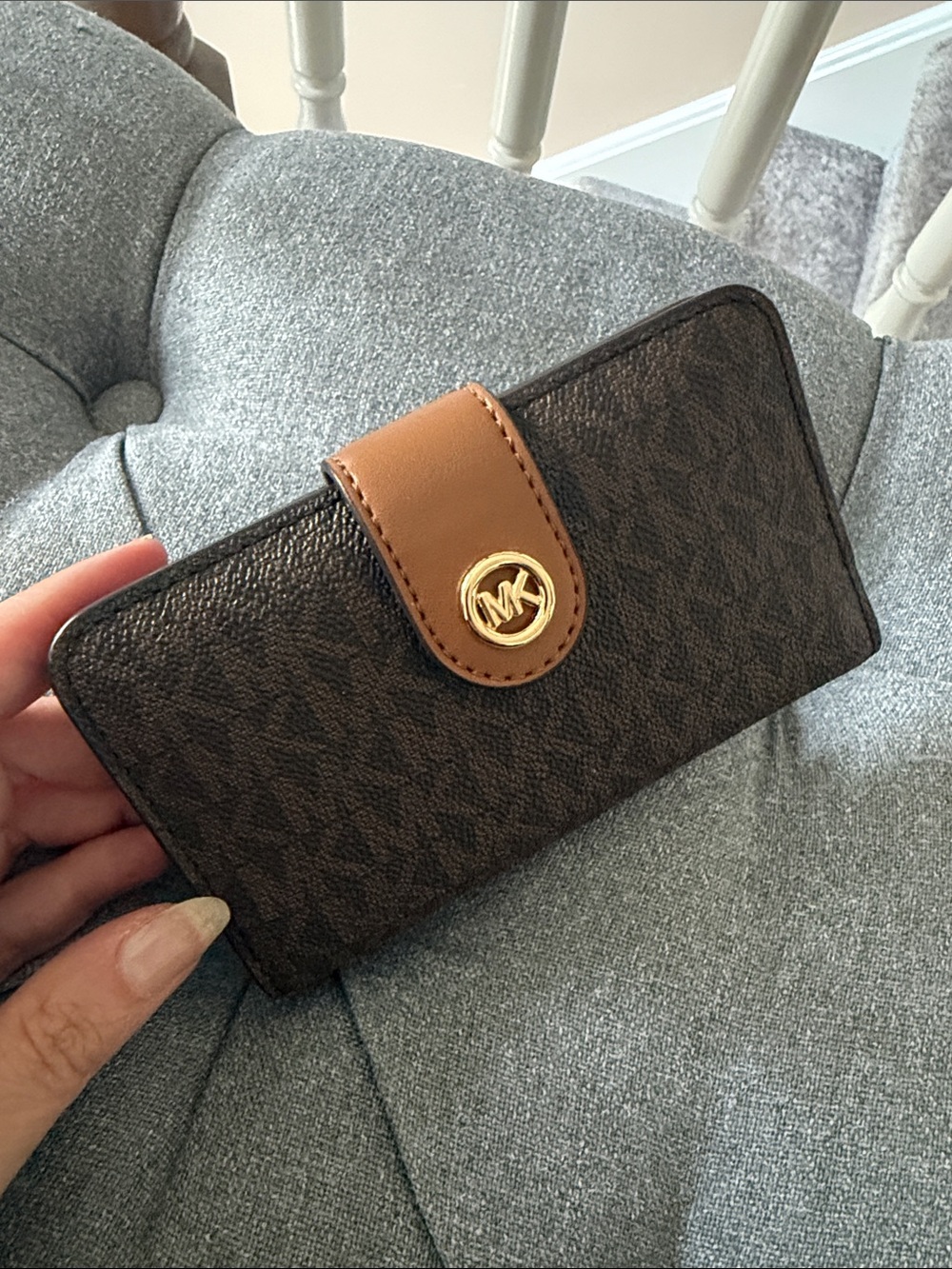 Michael Kors Brown and Tan Logo Card Holder Wallet Gold MK Pop Charm Compact New